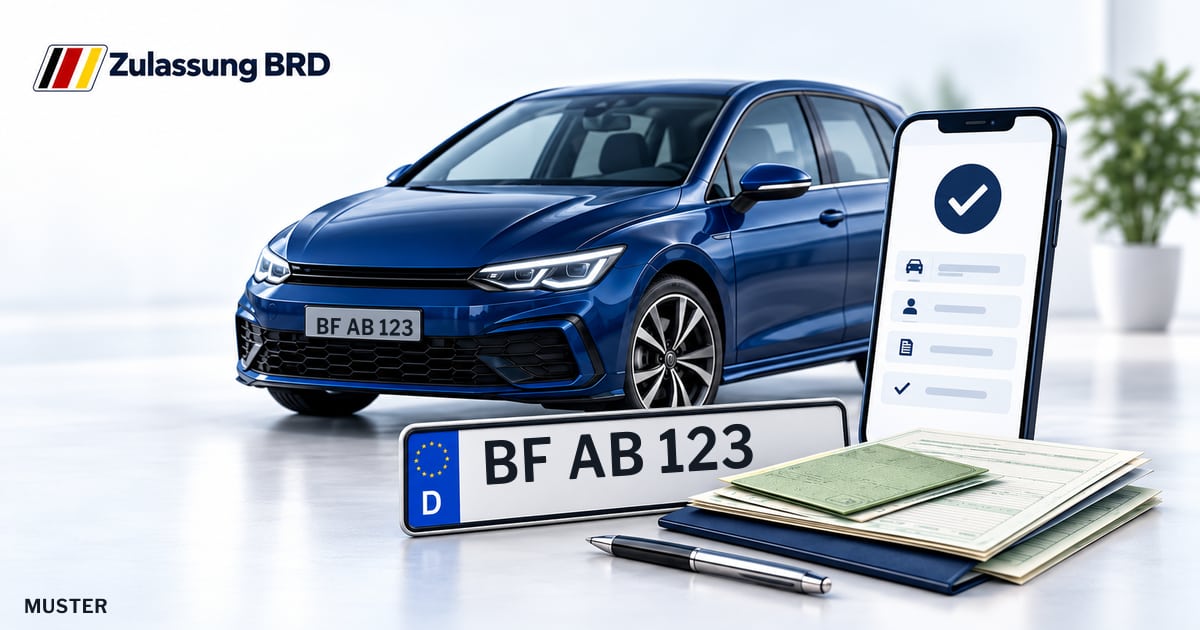 Online Fahrzeugzulassung in Greven: Musterkennzeichen BF AB 123, Auto und Fahrzeugpapiere und Smartphone. Illustration mit Logo von Zulassung BRD.